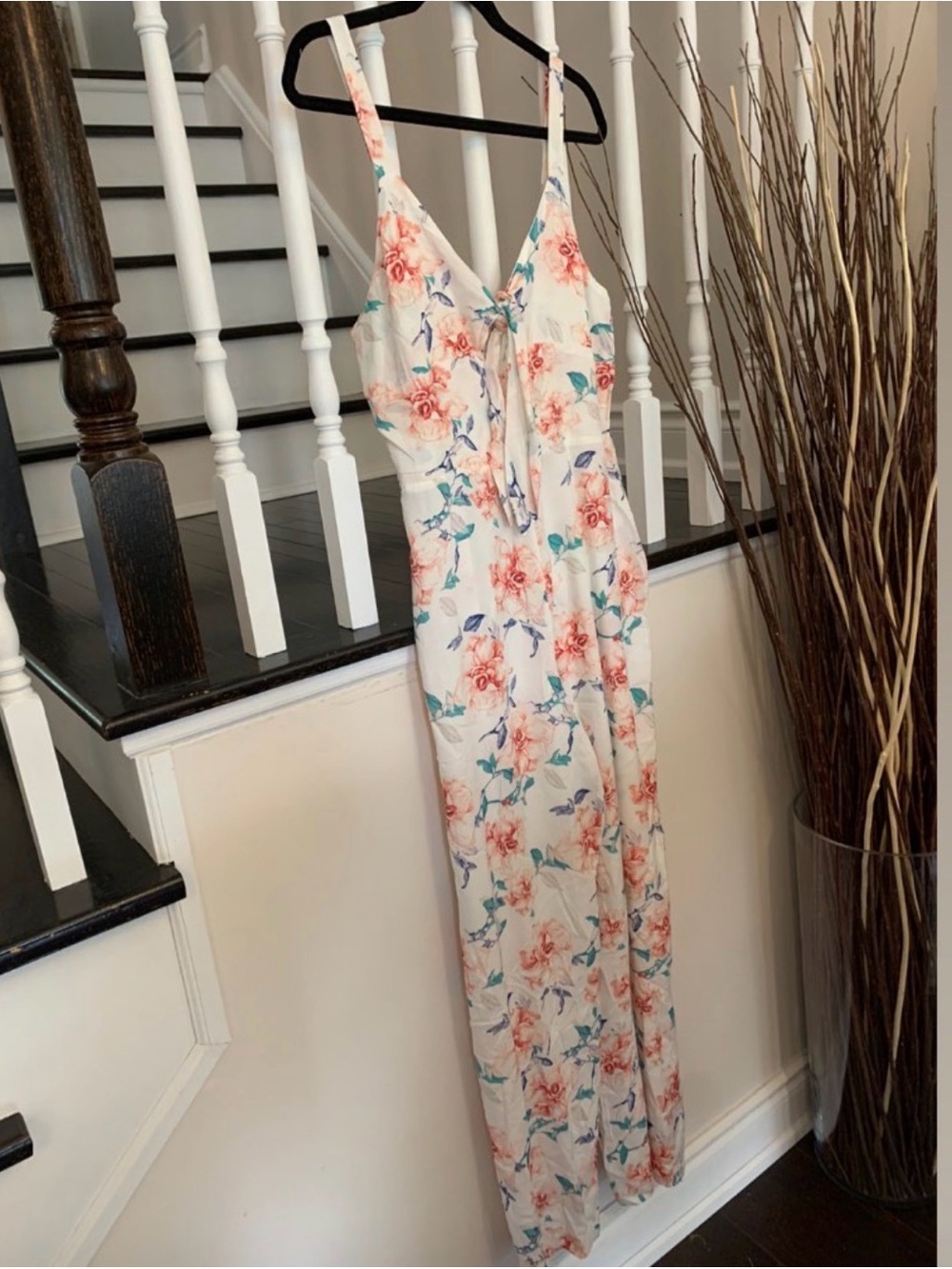 Cozy Casual White Floral Jumpsuit with Pink & Teal Print